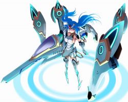 Rule 34 | 1girl, armor, armored boots, blue eyes, blue hair, blue theme, boots, breasts, cannon, cosmic break, dress, floating, full body, headgear, large breasts, lily rain, lily rain eve, matching hair/eyes, mecha musume, sideboob, solo, twintails