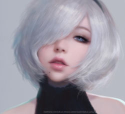 Rule 34 | 1girl, artist name, artstation username, backwards text, bare shoulders, black dress, black hairband, blue eyes, breasts, derivative work, dress, hair over one eye, hairband, large breasts, lips, looking at viewer, meme attire, mole, mole under mouth, nier (series), nier:automata, parted lips, portrait, realistic, ruoxin zhang, solo, watermark, web address, white hair, 2b (nier:automata)