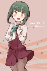 Rule 34 | 10s, 1girl, 2016, anniversary, bad id, bad twitter id, blouse, blush, bow, bowtie, brown eyes, commentary request, confetti, dated, dress, green hair, kantai collection, open mouth, pantyhose, riz (ravel dc), shirt, short hair, sleeveless, sleeveless dress, solo, takanami (kancolle), twitter username, v, white shirt