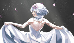 Rule 34 | 1girl, back, back tattoo, bare arms, bare shoulders, collar, dress, flower, hair flower, hair ornament, highres, kudou chitose, looking at viewer, looking back, nijisanji, petals, short hair, solo, taku (pixiv30061800), tattoo, white dress, white hair, yellow eyes