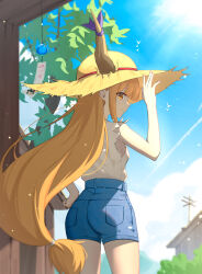 Rule 34 | 1girl, absurdres, alternate costume, arm up, bare arms, blue shorts, blue sky, closed mouth, commentary, cowboy shot, denim, denim shorts, from behind, hand on own hip, hat, highres, horn ornament, horn ribbon, horns, ibuki suika, long hair, looking at viewer, looking back, oeyama, orange eyes, orange hair, outdoors, profile, ribbon, shirt tucked in, shorts, sky, solo, straw hat, torn clothes, torn sleeves, touhou, very long hair, wind chime, yellow hat