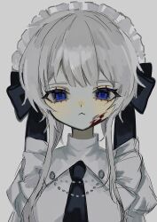 Rule 34 | 1girl, :&lt;, black necktie, black ribbon, blood, blood on face, blue eyes, chain, closed mouth, dress, frilled dress, frills, grey hair, highres, long hair, looking at viewer, maid headdress, necktie, original, puffy sleeves, ribbon, shiona (siona0625), simple background, solo, straight-on, upper body, white dress