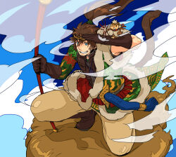 1boy 5-502 animal_on_arm blue_eyes boots brown_footwear brown_gloves brown_hair circlet cloud elbow_gloves floating_hair flying_nimbus gloves gold_circlet grin hair_between_eyes highres holding holding_staff journey_to_the_west kneeling long_hair looking_ahead maeda_keiji_(sengoku_basara) male_focus monkey official_alternate_costume parody ponytail ruyi_jingu_bang sengoku_basara smile solo staff yumekichi