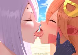 Rule 34 | 2girls, arthropod girl, blacksaikou, blush, carapace, close-up, closed eyes, commentary, english commentary, extra eyes, french kiss, hair between eyes, hair ornament, hairclip, hand on another&#039;s neck, insect girl, kiss, long hair, miia (monster musume), mole, mole under eye, monster musume no iru nichijou, multiple girls, open mouth, orange hair, pointy ears, rachnera arachnera, short hair, silver hair, spider girl, tongue, yuri