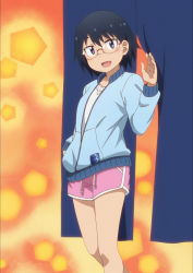 Rule 34 | 1girl, absurdres, black hair, blue eyes, blush, breasts, dolphin shorts, fang, glasses, highres, hodaka natsumi, houkago teibou nisshi, looking at viewer, open mouth, pink shorts, short hair, shorts, small breasts, smile, solo, standing