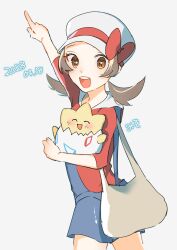 Rule 34 | 1girl, :d, arm up, bag, blue overalls, bow, brown eyes, brown hair, cabbie hat, commentary request, creatures (company), dated, game freak, gen 2 pokemon, hat, hat bow, highres, holding, holding pokemon, index finger raised, long hair, looking at viewer, lyra (pokemon), miso (mso 742), nintendo, open mouth, overalls, pointing, pokemon, pokemon (creature), pokemon hgss, red bow, red shirt, shirt, smile, teeth, togepi, tongue, twintails, upper teeth only, white background, white headwear