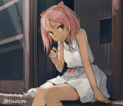 Rule 34 | 1girl, alternate costume, arm support, closed mouth, collared shirt, cowboy shot, dated, double-parted bangs, food, hair bobbles, hair ornament, hand up, holding, holding spoon, kantai collection, looking to the side, pink eyes, pink hair, sazanami (kancolle), shaved ice, shirt, short hair, sitting, skirt, sleeveless, sleeveless shirt, sliding doors, smile, solo, spoon, sweat, toro (konirio), twitter username, two side up, white shirt, white skirt