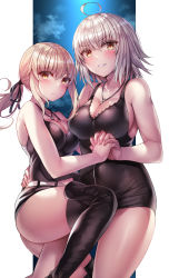 Rule 34 | absurdres, ahoge, artoria pendragon (all), artoria pendragon (fate), ass, bare arms, bare shoulders, belt, black dress, black footwear, black legwear, black ribbon, black shirt, black shorts, blonde hair, blush, breasts, cleavage, closed mouth, collarbone, commentary request, dress, fate/grand order, fate (series), feet out of frame, grin, hair between eyes, hair ribbon, highres, interlocked fingers, jeanne d&#039;arc (fate), jeanne d&#039;arc alter (fate), jeanne d&#039;arc alter (ver. shinjuku 1999) (fate), jewelry, large breasts, long hair, looking at viewer, low ponytail, medium breasts, medium hair, multiple girls, nano (syoutamho), navel, necklace, official alternate costume, parted lips, ponytail, revision, ribbon, saber alter, saber alter (ver. shinjuku 1999) (fate), shirt, short dress, short shorts, shorts, silver hair, skirt, sleeveless, smile, standing, thighhighs, white belt, yellow eyes, yuri