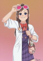 Rule 34 | 1girl, bag, blue eyes, brown hair, glasses, goggles, goggles on head, grin, ace attorney, phoenix wright: ace attorney, half updo, hand on goggles, handbag, highres, ema skye, lab coat, long hair, looking at viewer, necktie, risu kurosaki, sleeves rolled up, smile, solo, watch, wristwatch