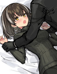Rule 34 | 1girl, 1other, ambiguous gender, arknights, bed sheet, black gloves, black jacket, black pants, black suit, black sweater, blush, breasts, brown hair, commentary, earrings, formal, gloves, hair between eyes, highres, jacket, jewelry, long sleeves, magallan (arknights), medium breasts, multicolored hair, open mouth, pants, pinned, ribbed sweater, short hair, sigm@, silver hair, streaked hair, suit, sweat, sweatdrop, sweater, nervous sweating, two-tone hair, upper body, yellow eyes