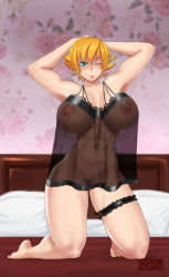 Rule 34 | 00s, 1girl, armpits, arms behind head, arms up, blonde hair, breasts, covered erect nipples, female focus, highres, huge breasts, igawa sakura, joylewds, lilith-soft, looking at viewer, see-through, smile, solo, taimanin (series), taimanin asagi, thick thighs, thighs, tongue, tongue out, uncensored