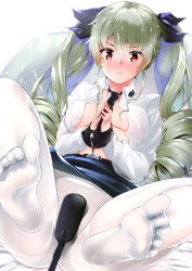 Rule 34 | 10s, 1girl, 3:, amasora taichi, anchovy (girls und panzer), anzio school uniform, black necktie, blue skirt, blush, breasts, breasts apart, brown eyes, closed mouth, crotch seam, feet, fingers together, girls und panzer, green hair, hair between eyes, highres, lace, lace-trimmed panties, lace trim, lips, long hair, long sleeves, lying, medium breasts, necktie, no bra, nose blush, on back, panties, panties under pantyhose, pantyhose, riding crop, ringlets, school uniform, skirt, soles, solo, spread legs, toes, twintails, underwear, upskirt, white pantyhose
