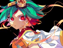 Rule 34 | 1boy, ahoge, cosmos mrst, dyed bangs, fiery hair, from side, goggles, goggles on head, green hair, hair between eyes, highres, jacket, jacket on shoulders, jewelry, looking at viewer, male focus, multicolored hair, open clothes, pendant, red eyes, red hair, sakaki yuya, short hair, solo, two-tone hair, upper body, wide-eyed, yu-gi-oh!, yu-gi-oh! arc-v