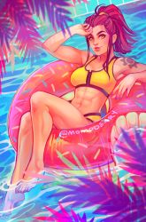 Rule 34 | 1girl, abs, barefoot, bikini, breasts, brigitte (overwatch), brown eyes, brown hair, floating, full body, grid, innertube, lips, long hair, looking at viewer, medium breasts, momo-deary, navel, overwatch, overwatch 1, ponytail, shoulder tattoo, solo, stomach, swim ring, swimsuit, synthwave, tankini, tattoo, thick eyebrows, toes, toned, twitter username, water, wireframe, yellow bikini, zipper