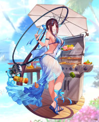 Rule 34 | 1girl, absurdly long hair, apron, armband, armpits, ass, beach, bikini, bird, blue bikini, blue sky, blush, bow, breasts, brown eyes, brown hair, burger, cable, cable tail, cooking, cup, day, food, grill, grilling, hair bow, highres, innertube, large breasts, long hair, looking back, meat, mechanical tail, monkey, monkey tail, multicolored hair, nyoi kinko bo (phantom of the kill), ocean, official art, open mouth, palm tree, patio, peppers, phantom of the kill, plate, ponytail, potato wedges, sandals, sarong, shrimp, skewer, sky, solo, standing, summer, swim ring, swimsuit, table, tail, tongs, tree, two-tone hair, umbrella, vegetable, very long hair