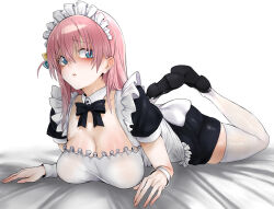 Rule 34 | 1girl, alternate costume, apron, black bow, black bowtie, black dress, black footwear, blue eyes, blush, bocchi the rock!, bow, bowtie, breasts, cleavage, cube hair ornament, detached collar, dress, enmaided, fingernails, frilled apron, frilled headwear, frills, gotoh hitori, hair behind ear, hair between eyes, hair ornament, highres, large breasts, long hair, looking to the side, lying, maid, maid apron, maid headdress, on stomach, one side up, open mouth, pigeon-toed, pink hair, shaded face, short sleeves, solo, thighhighs, thighs, white apron, white background, white headwear, white thighhighs, yukiguni yuu