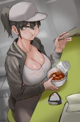Rule 34 | 1girl, :t, absurdres, baseball cap, black hair, breasts, chopsticks, cup ramen, eating, food, hat, high ponytail, highres, holding, holding chopsticks, jacket, large breasts, long sleeves, noodles, onigiri, open clothes, open jacket, original, pants, ponytail, ramen, see-through, sitting, solo, soolee040995, sports bra, table, white hat, white sports bra, yellow eyes