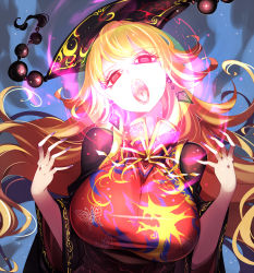 Rule 34 | 1girl, aura, bow, breasts, energy, fangs, headdress, highres, junko (touhou), large breasts, long hair, looking at viewer, nail polish, open mouth, purple nails, raptor7, red eyes, sash, solo, tongue, touhou, upper body, wavy hair, wide sleeves