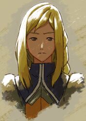 Rule 34 | 1girl, aduti momoyama, agrias oaks, armor, blonde hair, braid, closed mouth, commentary request, final fantasy, final fantasy tactics, frown, grey eyes, highres, long hair, looking at viewer, no pupils, shoulder armor, single braid, solo, split mouth, straight-on, turtleneck, upper body