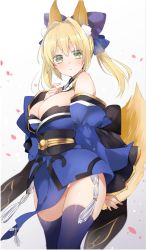 Rule 34 | 10s, 1girl, animal ears, arm behind back, blue thighhighs, blush, bow, breasts, cleavage, closed mouth, commentary, cosplay, detached collar, detached sleeves, fate/extra, fate (series), fox ears, fox tail, green eyes, hair between eyes, hair bow, hair intakes, hand on own chest, highres, japanese clothes, large breasts, long hair, looking at viewer, nero claudius (fate), nero claudius (fate) (all), nero claudius (fate/extra), purple bow, sidelocks, simple background, sino (sionori), solo, sweatdrop, tail, tamamo (fate), tamamo cat (fate), tamamo no mae (fate/extra), tamamo no mae (fate/extra) (cosplay), thighhighs, white background
