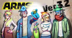Rule 34 | 2girls, 3boys, arms (game), badge, bag, beanie, blonde hair, blue eyes, blue hair, button badge, casual, cobushii (arms), copyright name, dna man (arms), domino mask, dress, green eyes, green hair, handbag, hat, highres, jacket, looking at viewer, mask, min min (arms), monster boy, multicolored hair, multiple boys, multiple girls, ninjara (arms), nintendo, official art, pompadour, ribbon girl (arms), scarf, slime boy, smile, spring man (arms), sweater, two-tone hair, yamamoto yuu
