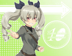 Rule 34 | 1girl, ada badguy, anchovy (girls und panzer), anzio military uniform, blush, breasts, drill hair, girls und panzer, green hair, grin, hair ribbon, highres, long hair, looking at viewer, military, military uniform, red eyes, ribbon, simple background, small breasts, smile, solo, twin drills, uniform, upper body