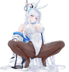 Rule 34 | 1girl, absurdres, alternate costume, animal ears, bare shoulders, blue archive, blue eyes, blue nails, blush, breasts, brown pantyhose, covered navel, fake animal ears, fake tail, full body, hair ornament, hairband, halo, high heels, highres, jacket, large breasts, leotard, long hair, long sleeves, looking at viewer, nail polish, noa (blue archive), off shoulder, open clothes, open jacket, pantyhose, parted lips, playboy bunny, pole, rabbit ears, rabbit tail, simple background, smile, solo, spread legs, squatting, stripper pole, tail, thighs, white background, white footwear, white hair, white hairband, white jacket, white leotard, yoru0409