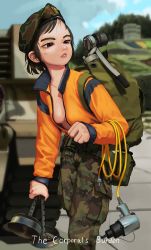 Rule 34 | 1girl, absurdres, backpack, bag, black hair, breasts, brown eyes, camouflage, camouflage pants, day, hat, highres, holding, jacket, military, military hat, military uniform, orange jacket, original, outdoors, pants, rifleman1130, short hair, small breasts, solo, sweat, uniform