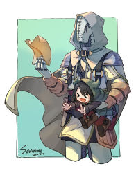 Rule 34 | &gt; &lt;, :d, artist name, black hair, boots, brown footwear, cape, carrying, carrying under arm, dated, golem, golem (somali to mori no kami-sama), highres, hood, horned hood, horns, open mouth, paper, pouch, samiou, simple background, smile, somali (somali to mori no kami-sama), somali to mori no kami-sama, standing