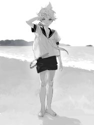 Rule 34 | 1boy, backlighting, barefoot, bass clef, beach, belt, collared shirt, commentary, full body, greyscale, hand up, kagamine len, looking at viewer, male focus, monochrome, mountainous horizon, naoko (naonocoto), necktie, ocean, outdoors, sailor collar, shadow, shirt, short sleeves, shorts, silhouette, solo, spiked hair, standing, vocaloid