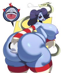 Rule 34 | 1girl, absurdres, ass, between buttocks, blue skin, breasts, chaoz (chaozdesign), colored skin, detached sleeves, eric lowery, face in ass, ghost, heart, highres, huge ass, huge breasts, leviathan (skullgirls), long hair, nipples, nude, open mouth, ponytail, purple hair, red eyes, skullgirls, sleeves past wrists, smile, squigly (skullgirls), stitched mouth, stitches, thick thighs, thighhighs, thighs, wide hips, zombie girl