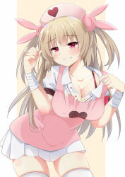 Rule 34 | &gt; &lt;, 1girl, apron, bandaged arm, bandages, beige background, blush, breasts, center frills, cleavage, collarbone, collared shirt, commentary request, dress, dress shirt, frills, grin, hair between eyes, hair ornament, hat, head tilt, heart, ikazu401, large breasts, leaning forward, light brown hair, long hair, looking at viewer, natori sana, nurse, nurse cap, pink apron, pink hat, pleated dress, rabbit hair ornament, red eyes, sana channel, shirt, skirt, smile, solo, thighhighs, two-tone background, two side up, very long hair, virtual youtuber, white background, white shirt, white skirt, white thighhighs