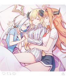 Rule 34 | 3girls, absurdres, ahoge, amane kanata, angel wings, bare legs, bed, black shorts, blanket, blonde hair, blue hair, blue shirt, blunt bangs, braid, breasts, button gap, closed eyes, closed mouth, clothes writing, collared shirt, colored inner hair, commentary, dragon horns, dragon tail, fang, from above, hair ornament, hairband, hairclip, halo, highres, hololive, horns, kiryu coco, long hair, long sleeves, lying, medium breasts, multicolored hair, multiple girls, on side, orange hair, pillow, pink hair, pointy ears, sheep horns, shirt, short hair, short shorts, shorts, side braid, silver hair, skin fang, sleeping, small breasts, smile, spooning, streaked hair, striped clothes, striped shirt, t-shirt, tail, tf18080512, thighs, tsunomaki watame, two-tone hair, two-tone shirt, vertical-striped clothes, vertical-striped shirt, virtual youtuber, white shirt, wing collar, wings