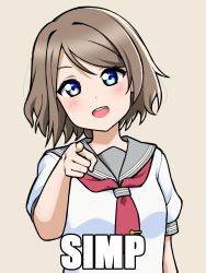 Rule 34 | absurdres, blue eyes, blush, breasts, brown hair, commentary, english text, grey sailor collar, hand up, highres, looking at viewer, love live!, love live! sunshine!!, neckerchief, open mouth, pointing, pointing at viewer, red neckerchief, sailor collar, school uniform, seion, shirt, short hair, short sleeves, smile, solo, upper body, uranohoshi school uniform, watanabe you, white shirt