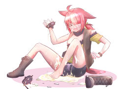 Rule 34 | 1girl, animal ears, arknights, bike shorts, broken glass, cameltoe, closed eyes, crying, glass, highres, myrrh (arknights), nipple slip, nipples, red hair, sitting, solo, suggestive fluid, wet, wet clothes, white background, xia wanzi