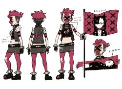 Rule 34 | 1girl, banner, black footwear, black gloves, boots, character print, character sheet, closed mouth, concept art, creatures (company), fingerless gloves, flag, game freak, gloves, holding, holding flag, jacket, marnie (pokemon), multiple views, nintendo, official art, open mouth, pantyhose, pink eyes, pink pantyhose, pokemon, pokemon swsh, scan, skirt, smile, team yell grunt, team yell grunt (female), teeth, tongue, torn clothes, torn legwear, translation request, wide hips