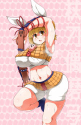 Rule 34 | 1girl, animal ears, armpits, blonde hair, blunt bangs, blush, breasts, foot out of frame, haniwa (statue), huge breasts, joutouguu mayumi, midriff, navel, pink background, short hair, simple background, solo, standing, standing on one leg, sugiura, sweat, thick thighs, thighs, touhou
