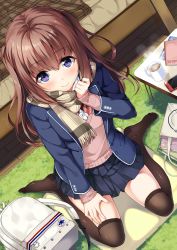 Rule 34 | 1girl, backpack, bag, bed, bedroom, black thighhighs, blazer, blue skirt, blush, book, brown hair, brown scarf, brown sweater, cellphone, checkered blanket, closed mouth, coffee, cup, dutch angle, fringe trim, full body, hand on own thigh, hand on thigh, hand up, highres, indoors, jacket, long hair, looking at viewer, mug, no shoes, notebook, on floor, open clothes, open jacket, original, over-kneehighs, phone, pleated skirt, purple eyes, scarf, sitting, skirt, smartphone, smile, solo, striped clothes, striped scarf, sweater, thighhighs, two side up, unasaka ryou, wariza