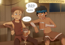 Rule 34 | 2boys, alcohol, beer mug, blue eyes, blue headwear, brown hair, child, commentary, confession, cup, dark-skinned male, dark skin, drinking, drooling, drunk, english commentary, english text, highres, holding, holding cup, implied yaoi, looking at another, male focus, mug, multiple boys, nipples, original, parimak94, speech bubble, teeth, tikal (parimak94), topless male