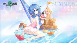 Rule 34 | 1girl, bare arms, bare legs, bare shoulders, barefoot, blue eyes, blue hair, date a live, date a live: spirit pledge, highres, ice, ice cube, long hair, looking at viewer, looking back, official art, open mouth, pink one-piece swimsuit, sand castle, sand sculpture, solo, swimsuit, water, yoshino (date a live), yoshinon