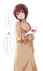 Rule 34 | 1girl, bathrobe, black hair, blush, brown eyes, collarbone, cup, cupping glass, drinking glass, funami yui, holding, holding cup, holding drinking glass, long sleeves, namori, nightgown, open mouth, short hair, simple background, solo, standing, translated, white background, wine glass, yuru yuri