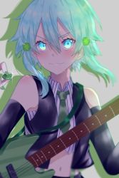 Rule 34 | 1girl, bad id, bad pixiv id, black sleeves, black vest, blue eyes, blue hair, blush, closed mouth, collared shirt, crop top, detached sleeves, dress shirt, floating hair, flower, green flower, green nails, green necktie, grey background, hair between eyes, hair flower, hair ornament, highres, holding, holding instrument, instrument, looking at viewer, midriff, miruka1024, nail polish, navel, necktie, open clothes, open vest, shadow, shirt, short hair with long locks, short necktie, sinon, smile, solo, sparkle, stomach, striped clothes, striped shirt, sword art online, upper body, v-shaped eyebrows, vertical-striped clothes, vertical-striped shirt, vest, white shirt, wing collar