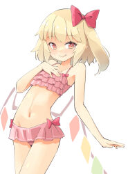 Rule 34 | 1girl, arnest, bare shoulders, bikini, blonde hair, blush, fang, fang out, flandre scarlet, frilled bikini, frills, hair ribbon, highres, navel, one side up, pointy ears, red eyes, ribbon, swimsuit, touhou, wings