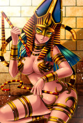 Rule 34 | 1girl, akaumi, bad id, bad pixiv id, bare shoulders, bracelet, breasts, cleavage, egyptian, hat, jewelry, large breasts, lots of jewelry, mask, open mouth, original, staff, thighs, yellow eyes