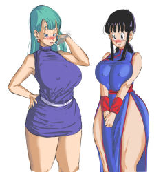Rule 34 | 2girls, belt, black eyes, black hair, blue eyes, blush, breasts squeezed together, breasts, bulma, chi-chi (dragon ball), china dress, chinese clothes, cigarette, covered erect nipples, cowboy shot, dragon ball, dragonball z, dress, earrings, green hair, hand on own hip, highres, huge breasts, jewelry, large breasts, looking at viewer, multiple girls, panarandom, smoking, standing, white belt