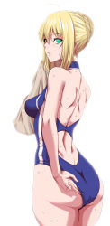 Rule 34 | adjusting clothes, adjusting swimsuit, ahoge, artoria pendragon (all), artoria pendragon (fate), blonde hair, blue one-piece swimsuit, fate/stay night, fate (series), green eyes, highres, one-piece swimsuit, saber (fate), simple background, solo, standing, swimsuit, towel, wet, white background, zucchini
