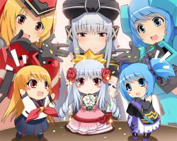 Rule 34 | alternate form, blonde hair, blue eyes, blue hair, blush stickers, chibi, confetti, cosmic break, crimrose, detached sleeves, dress, flower, hair ornament, hair ribbon, ivis, lily rain, long sleeves, mecha musume, official art, red eyes, ribbon, school uniform, silver hair, skirt, sleeves past wrists, smile, sparkle, twintails, wakaba sprout
