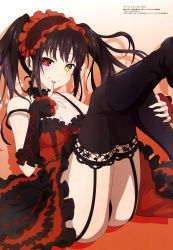 Rule 34 | 1girl, :p, absurdres, bare shoulders, black footwear, black hair, black panties, black thighhighs, boots, breasts, choker, cleavage, clock eyes, detached sleeves, dress, garter straps, gothic lolita, hairband, heterochromia, highres, lolita fashion, lolita hairband, long hair, looking at viewer, medium breasts, megami magazine, naughty face, panties, pantyshot, platform boots, platform footwear, red eyes, seductive smile, smile, solo, symbol-shaped pupils, thighhighs, thighs, tokisaki kurumi, tongue, tongue out, twintails, underwear, uneven twintails, yellow eyes