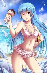 Rule 34 | 1girl, beach, bikini, blue hair, breasts, cleavage, eunnie, food, frilled bikini, frills, highres, hime cut, holding, holding food, holding ice cream, ice, ice cream, ice cream cone, ice shard, kula diamond, light blue hair, long hair, medium breasts, navel, pink bikini, red eyes, snk, solo, swimsuit, the king of fighters