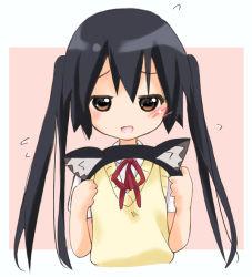 Rule 34 | 00s, 1girl, animal ears, bad id, bad pixiv id, black hair, brown eyes, cat ears, cat girl, female focus, hairband, k-on!, long hair, nakano azusa, neck ribbon, nyanmilla, red ribbon, ribbon, school uniform, simple background, solo, sweater vest, twintails